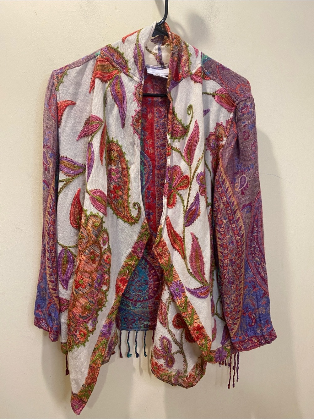 Soft Surroundings Open-Front Wool Paisley Cardigan with Pink & Purple Accents PS